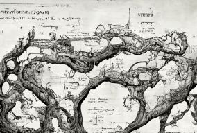 许多世界的技术绘图坐在一棵巨大的树的树枝上