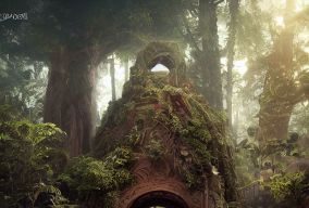 杂草丛生的森林绿洲中的声音神殿