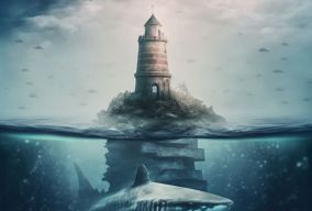 一座古老的灯塔和水底下的鲨鱼