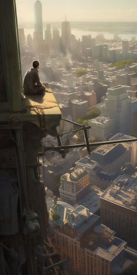 [V5] 观看者坐在摩天大楼的边缘脚手架上空的梦想之城