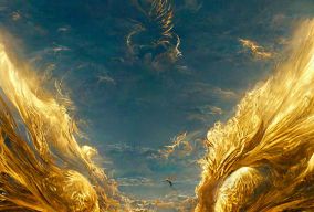 巨大的金凤凰在天空中展翅