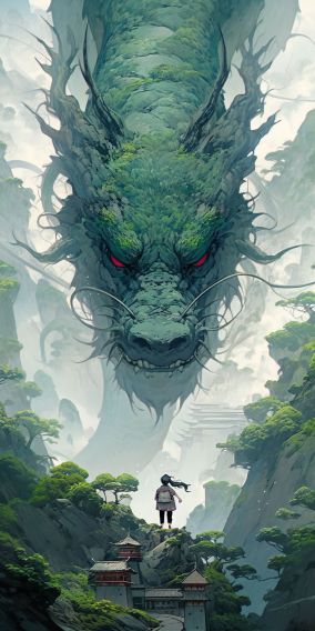 一条巨大的中国绿龙面对一个人