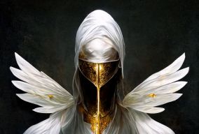 天使般的战士穿着白色和金色的飘逸服装