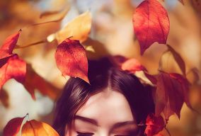 美丽的女性肖像被五颜六色的秋叶包围