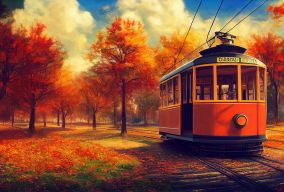 秋季公园的复古有轨电车