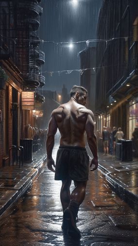 [V5] 一个强壮的男人在倾盆大雨后穿过伦敦雨水覆盖的街道