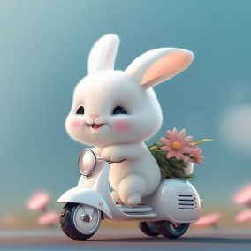 超级可爱的毛茸茸的白色小兔子骑着电动滑板车