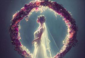 一个美丽的女巫作为新娘在婚礼花拱下
