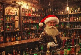 圣诞老人在拥挤瓶子的酒吧