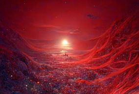 一片透明如镜的淡红色天空和新月的海水
