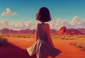 一个可爱的女孩在沙漠中行走