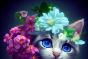 可爱的小猫抱着蓝色的花