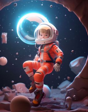 [V5] 一个穿着时尚太空服的男孩漂浮在失重空间