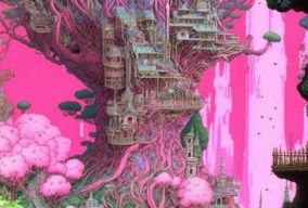 太空女巫居住在神奇的粉色森林家中