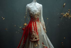 红色婚纱由多层薄纱编织而成