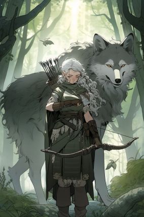 女猎手和大狼站在一起
