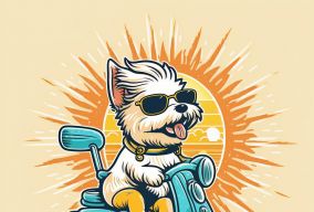 标志小狗在路上骑着摩托车