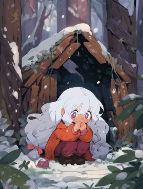 穿着红色棉袄的可爱小女孩坐在雪堆里