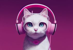 可爱的粉色猫戴着耳机