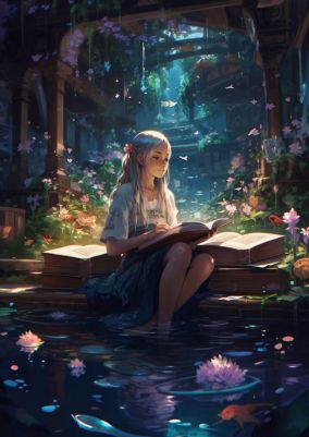 [V5] 动漫女孩坐在童话喷泉里读着一本咒语书