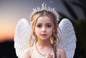 可爱的小天使长着羽毛翅膀望着夜空