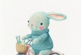 可爱的针织卡瓦伊小兔子骑在自行车上