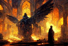 一个由烟雾和愤怒组成的堕落天使站在一座被毁的寺庙里