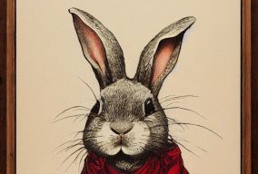 穿着红色围巾的老式兔子