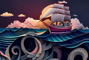 剪纸艺术海洋上的船和海底的海妖