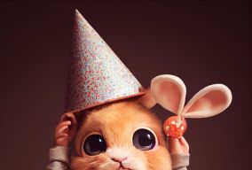 戴着可爱生日帽的可爱小兔子