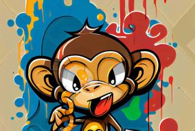涂鸦艺术风格的彩色绘画卡通快乐猴子