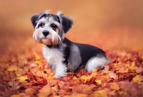 可爱的小狗雪纳瑞坐在一堆秋天的树叶里