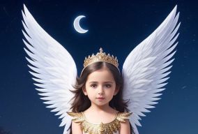 可爱的小天使长着羽毛翅膀望着夜空