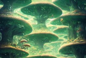 超现实的微小漂浮真菌森林等轴透视图