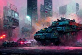 赛博朋克风格的城市坦克战
