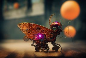 微型人形机器人骑着蝴蝶