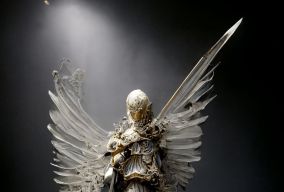 用象牙雕刻的剑和天使翅膀的天使战士