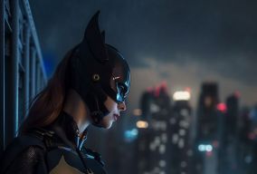 [V5] 美女蝙蝠侠站在下雨的香港夜城的高楼屋顶上