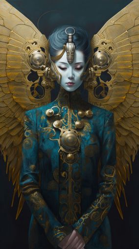 [V5] 一个穿着西装的金色和蓝色翅膀的女人的肖像