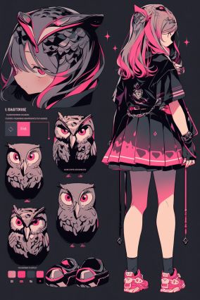 霓虹粉色和黑色猫头鹰女孩角色设计