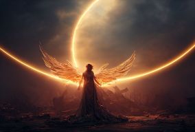 天使带着金色光环盘旋在一个被摧毁的世界上