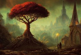 超现实的巨树被中世纪的幻想村庄
