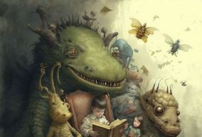 孩子在看一本故事书四周都是怪物
