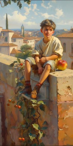 [V5] 一个微笑的孩子坐在屋顶上吃着苹果