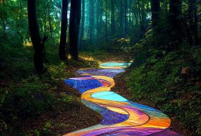 用彩色玻璃铺成的小路蜿蜒穿过森林