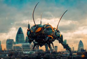 未来伦敦上空的巨型机甲昆虫