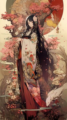 迷人美丽的公主凝视着一个充满樱花树的宁静花园