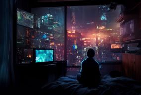 晚上青少年在舒适的卧室里玩电脑游戏