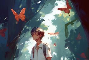 [V5] 男孩走在校园浓密的树荫下