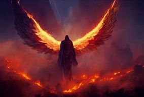 巨大的末日天使正在燃烧的丛林上飞翔